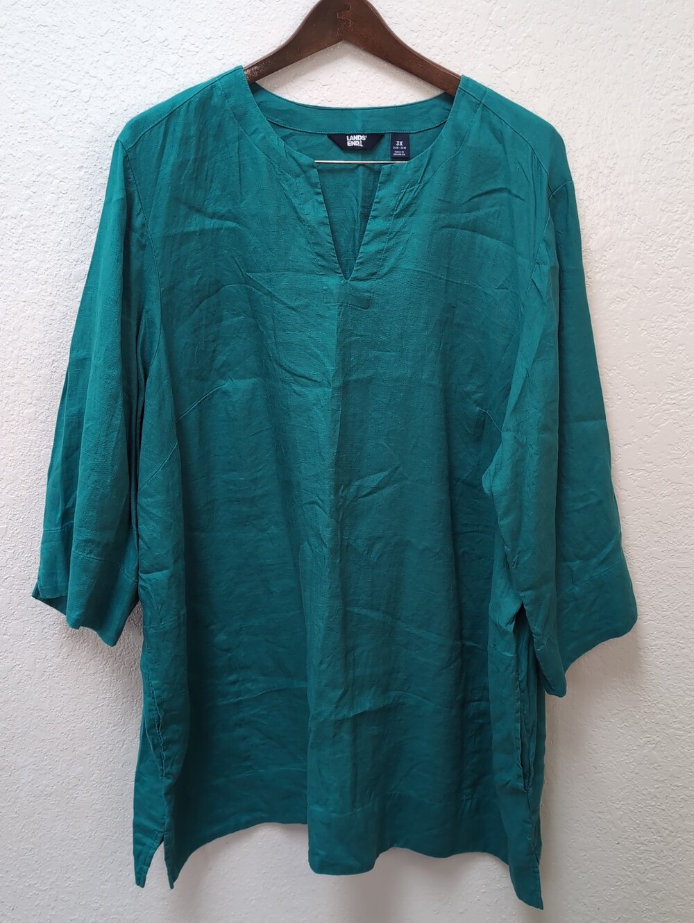 Green Lands End Split Neck Tunic Top. 100% Linen. 3/4 Sleeve. Size 3X